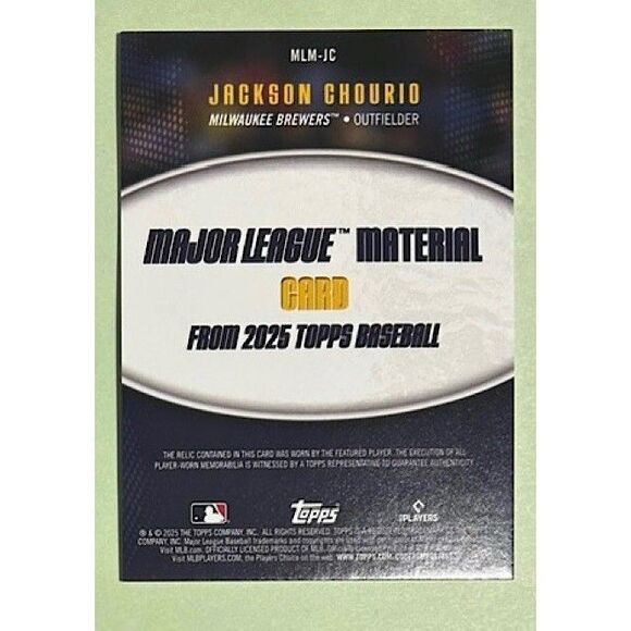 2025 Topps Milwaukee Brewers -Jackson Chourio -Game Worn Materials Card #MLM-JC - Picture 2 of 3